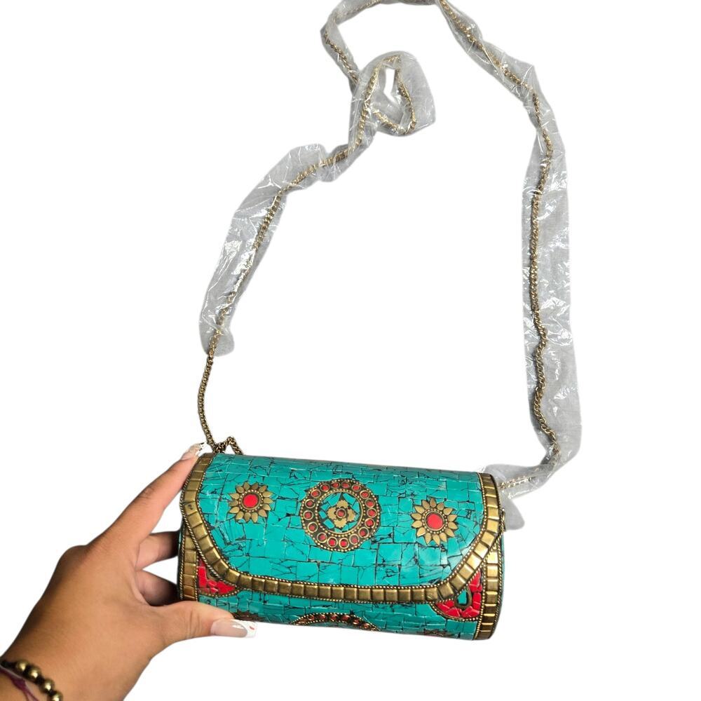Mosaic‎ Cylinder Turquoise Gold Clutch Crossbody with Chain Strap NEW